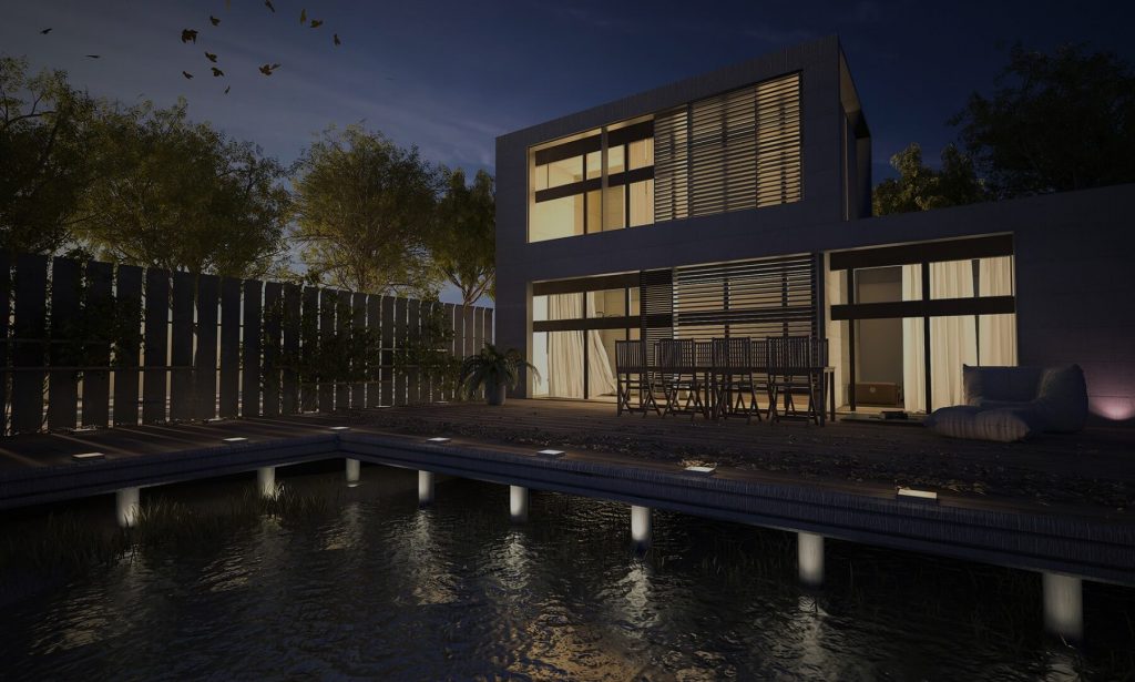 Render di un'abitazione contemporanea con piscina e vetrate.