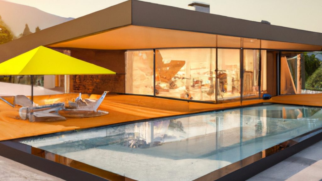 Render di un'abitazione contemporanea con piscina esterna.