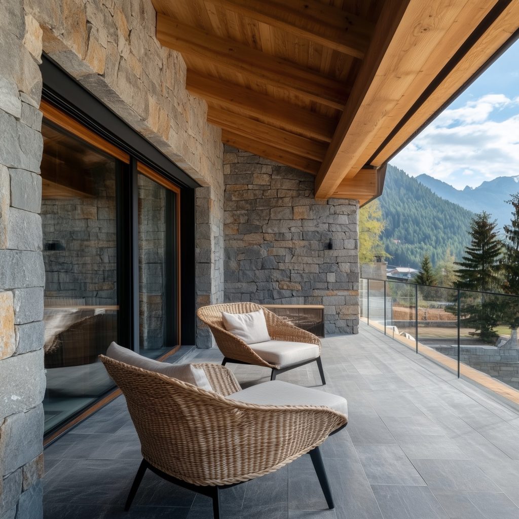 Immagine editoriale di una terrazza panoramica in ambiente montano