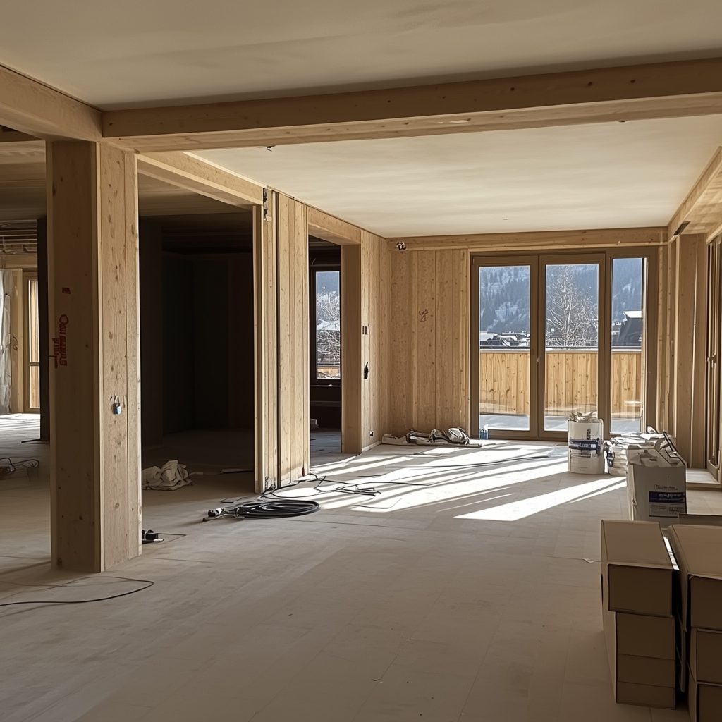 Immagine editoriale di un cantiere con struttura in legno