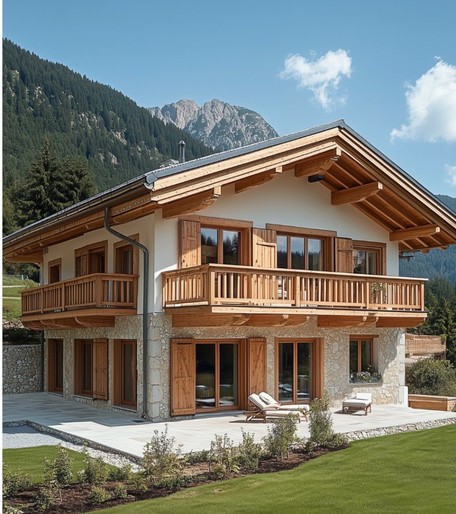 Immagine editoriale di un'abitazione completata con elementi in legno in ambiente montano