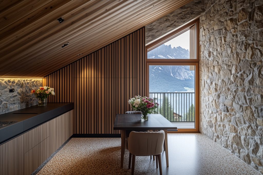 Immagine editoriale di un interno residenziale in stile montano