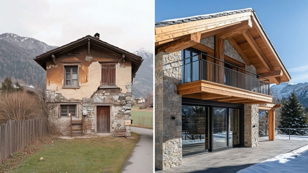 Immagine editoriale di un edificio rustico in ambiente montano