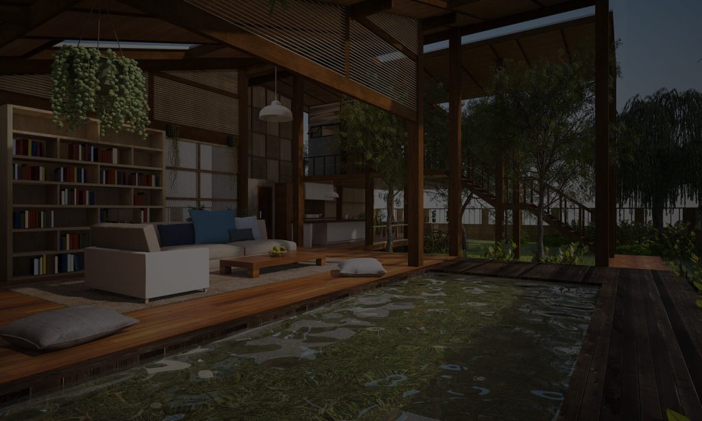 Render di uno spazio abitativo con patio e struttura in legno.